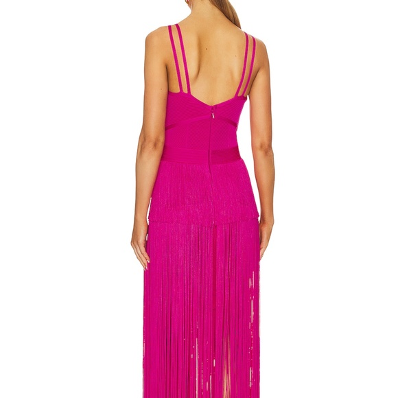 HERVE LEGER Strappy Ottoman Fringe Gown Magenta NWT - Picture 4 of 10